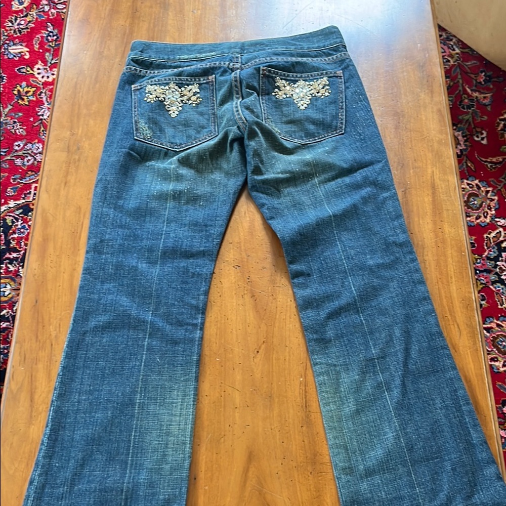 Escada Blue Flare Wide Leg Jeans with Chic Embroidery - Picture 9 of 11